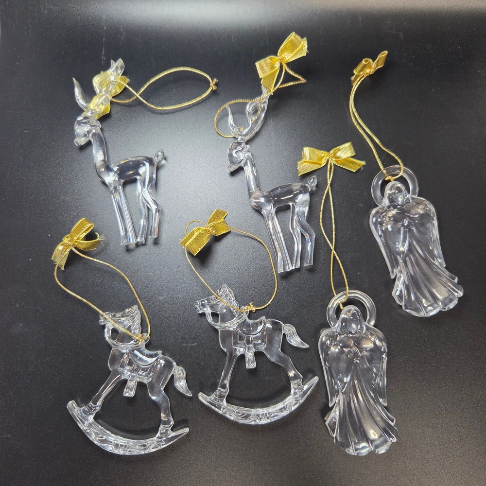 Clear Plastic Christmas Ornaments Set of 6 Reindeer Angel Rocking Horse Gold Bow